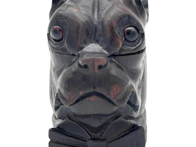 19th Century Victorian Blackened Lignum Vitae Bull/Pug Dog with Bow Tie Inkwell