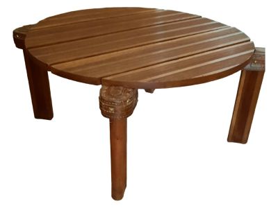 Round Oak and Leather Coffee Table attributed to Jacques Adnet, 1950s