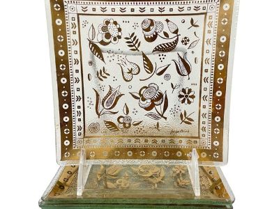 Vintage MCM Square Georges Briard Glass Serving Snack Trays Gold Flowers. Set of 7