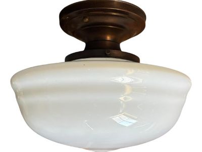 1920's Large White Cased Glass Globe on Brass Flush Mount Holder