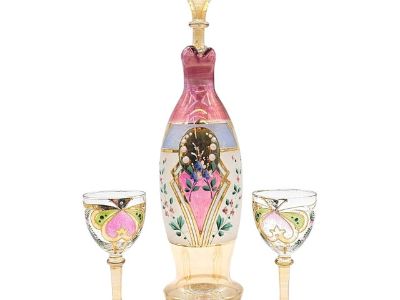 Hand-Painted Bohemian Decanter Set – Amethyst, Gold, and Enamel Floral Motif – 3 Pieces