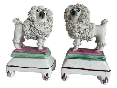 Charming Antique 19th Century English Staffordshire Poodle Dogs- A Pair