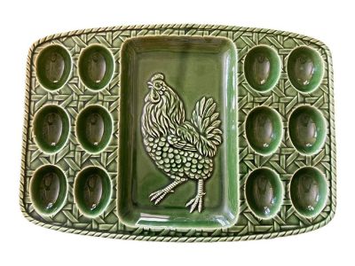 Vintage Deviled Egg Platter- Basket Weave Pattern Green