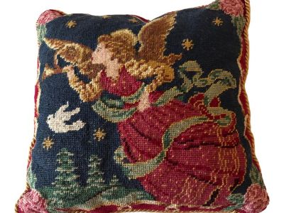 1990s Woolen Needlepoint Tapestry Angel Christmas Pillow with Red Velvet Back