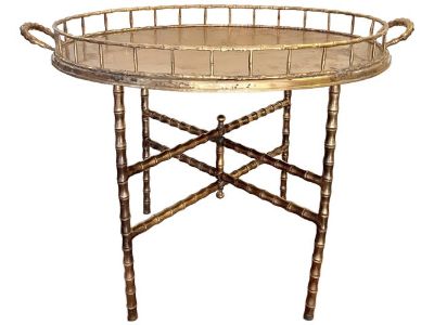 Vintage Mid-Century Faux Bamboo Brass Oval Tray Table With Folding Stand, in the Manner of Maison Ba