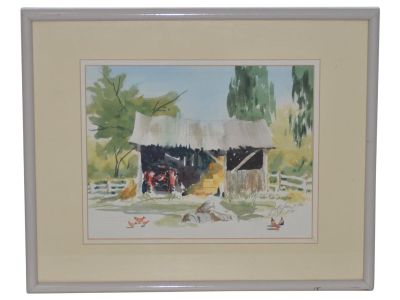 Jake Lee (1915-1991) Original Watercolor "Tractor in the Barn" C.1990