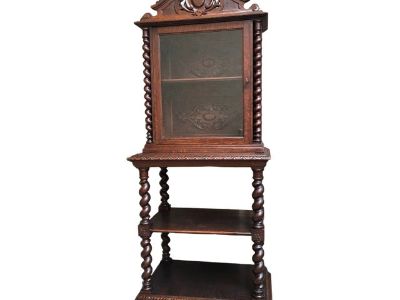 Antique French Carved Oak Barley Twist Display Cabinet Shelf Bookcase Glass