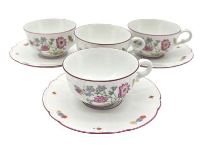 Set of 7 Mma Charles Field Haviland Limoges Tea Cups and Saucers – Meissen Style Floral With Red Rim