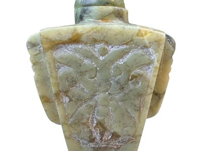 Antique Chinese Carved Jade Butterfly Relief Snuff Bottle With Stopper & Spoon