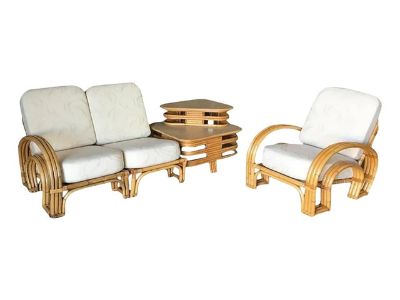 Restored Double Horseshoe Rattan Sofa, Lounge Chair, Side Table Living Room Set