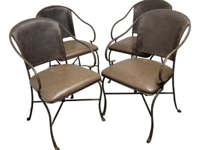 Set of 4 Spanish Revival Wrought Iron Dining Chairs With Leather Seats, C. 1990s