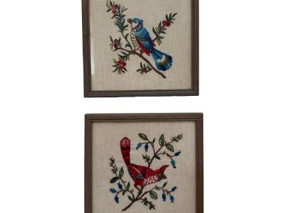 Pair of Mid 20th Century Traditional Style "Birds" Textile Art, Ruby Red, Sky Blue, Forest Green