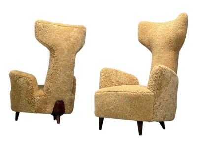 Renzo Zavanella, Honey Sheepskin, Wood, Lounge Chairs, Italy, 1950s - Set of 2