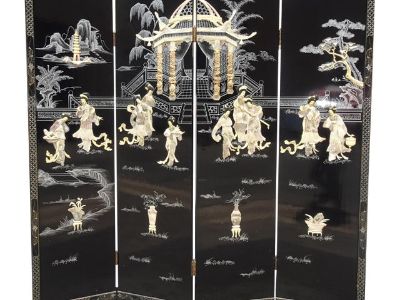 Vintage Oriental Asian Black Mother of Pearl Four Panel Screen Room D Divider