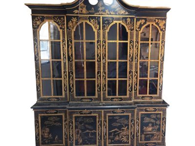 1990s Trouvailles Furniture Chinoiserie Breakfront With Matching Grandfather Clock
