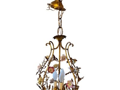 Italian Tole Vintage Chandelier With Polychrome Porcelain Flowers