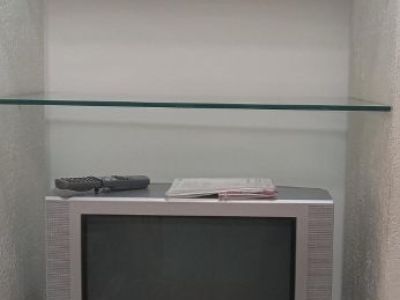 Large White Stone Entertainment Center W/Lighting & Glass Shelves