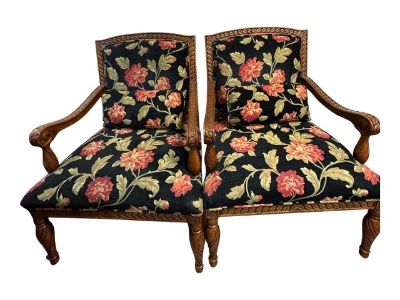 Fairfield Chairs, Set of 2, Large French Arm Chairs With Carved Wood
