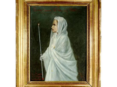 Late 19th Century French First Communion Portrait of a Girl, Oil Painting by the Abbot Lambert, 1873