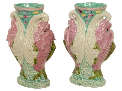Pair Antique Chinese Qing Dynasty Wucai Glaze Porcelain Double Dragon Fish Vases, 1890