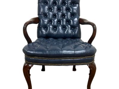 Vintage Queen Anne Chesterfield Mahogany Leather Tufted Office Desk Armchair