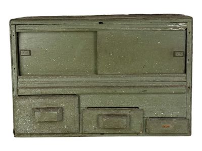 A Primitive Vintage Handmade Multi Compartment Wood Cabinet in Military Olive Green
