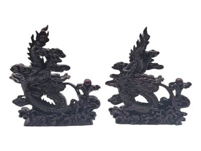 Pair of Vintage Chinese Red Resin Dragon Statues With Wood Look Finish and Feng Shui Motif