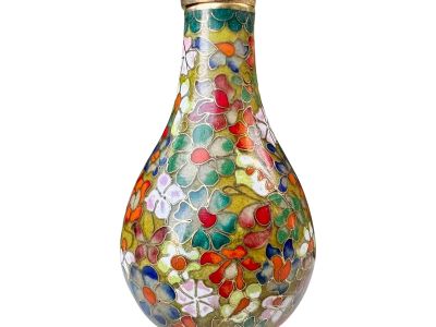 Antique Floral Cloisonné Snuff Bottle With Stopper & Spoon