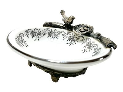 Vintage Silver Gilt Soap Dish Featuring a Bird and Nest