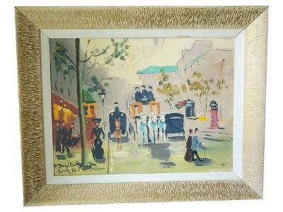 Vintage Mid Century Modern French Cityscape Oil Painting on Board Framed Signed