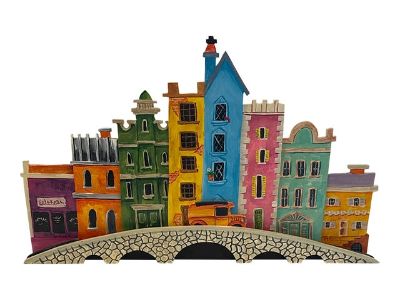 Late 20th Century Hand-Painted Wooden Cityscape Sculpture on Stone Bridge Base