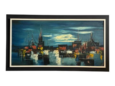 1960s Fishing Boat Dock Mid Century Impressionist Sofa Painting 53” Finland