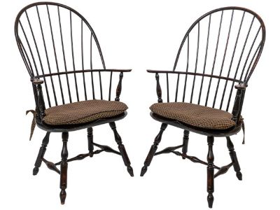 1990s Pair of d.r. Dimes Windsor Bowback Arm Chairs in Black Crackle With Custom Cushions