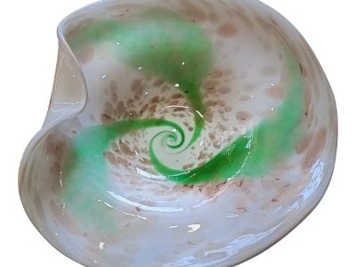 Vintage Murano-Attributed Hand-Blown Glass Bowl – Lattimo With Aventurine & Swirl Design