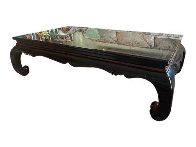 Black Lacquer Chinoiserie Coffee Table, 18th Century Panel of Flowers