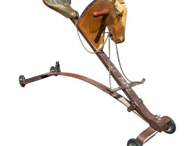 Antique Ride-on Horse Toy With Wooden Head and Metal Frame From the Mid 20th Century