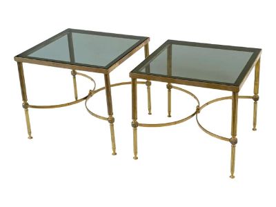 French Modern End Tables of Brass With Smoked Glass Tops "Individually Priced"