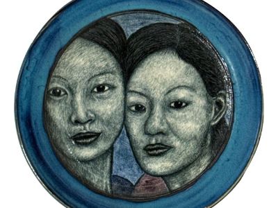 Ceramic Portrait Plate by Foster, 2005 – Blue Glaze With Dual Female Faces
