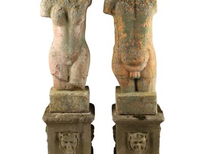 Pair of 19th Century Weathered Terracotta Torso Sculptures on Carved Concrete Plinths