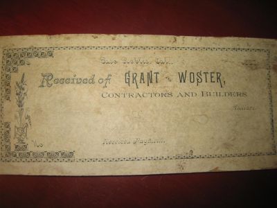 1887 YEAR OLD RECEIPT BOOK END from GRANT and WOSTER, (129 years old