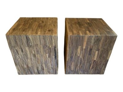 1990s Vintage Rustic Wood Cube Side Tables. Set of 2
