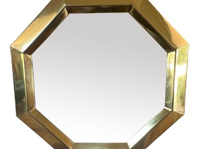 Vintage Mid Century Modern Solid Brass Octagon Wall Mirror 1970s Postmodern