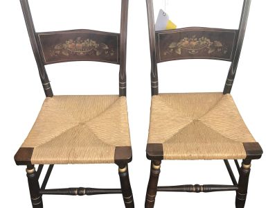 Vintage Hitchcock Style Slat Back Rush Bottom Chairs with Fruit Compote Stenciling - Set of 2