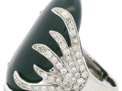 18K White Gold Diamond Claw Onyx Cocktail Ring, 2 Carats