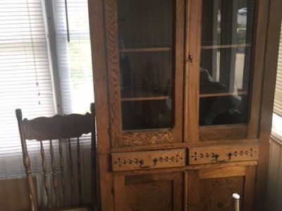 Antique Oak Hutch China Cabinet and Chairs