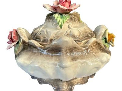 Vintage Italian Capodimonte Ceramic Covered Dish With Sculpted Roses
