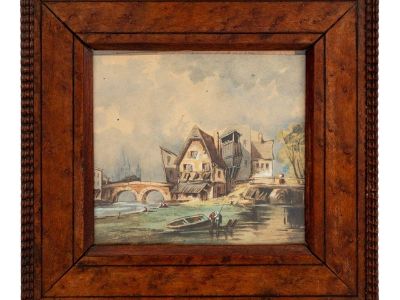 French School Riverside Town Watercolor