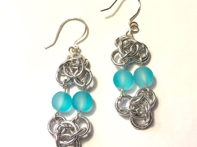 Silver Chainmaille Earrings with Round Blue Frosted Glass Beads