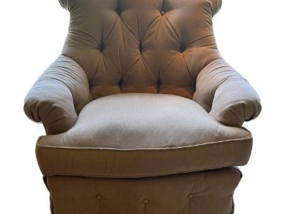 Tufted Swivel Club Chair in Taupe Denim-Style Fabric