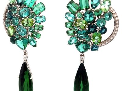 Italian 18K White Gold Earrings, 40ct Tourmaline & 1ct Diamond, Convertible